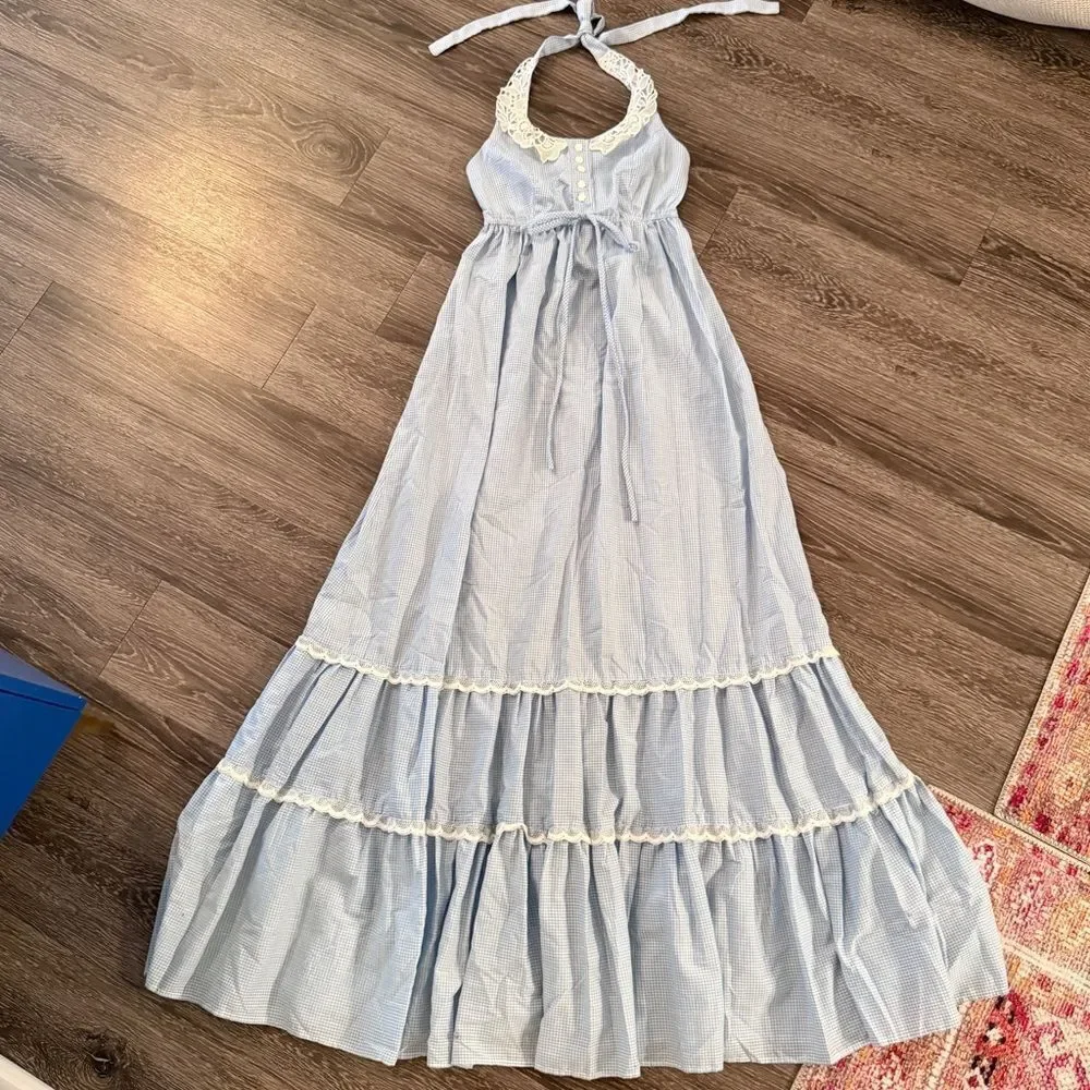 Vintage Jody T of California Blue White Gingham Halter Dress